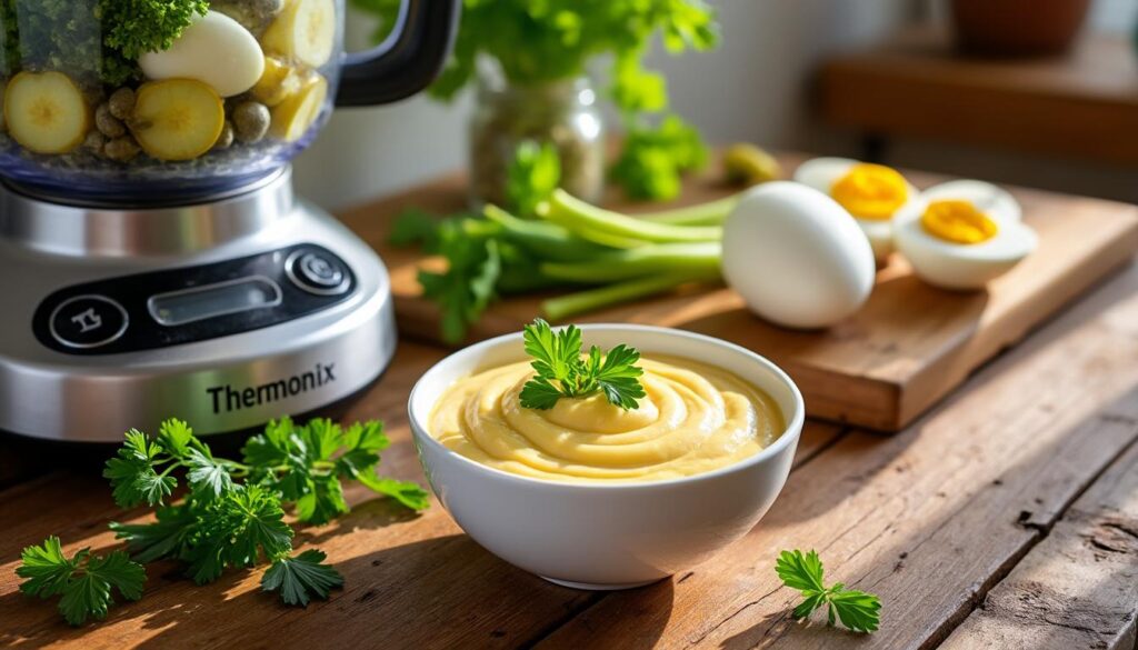 découvrez la recette facile et rapide de la sauce gribiche avec thermomix, parfaite pour accompagner viandes et légumes en toute simplicité.