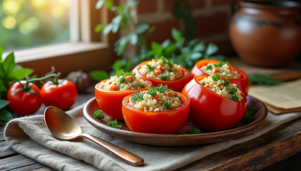 découvrez la recette traditionnelle des tomates farcies de grand-mère, faciles à préparer et savoureuses, accompagnées d'un riz moelleux pour un repas complet et gourmand.