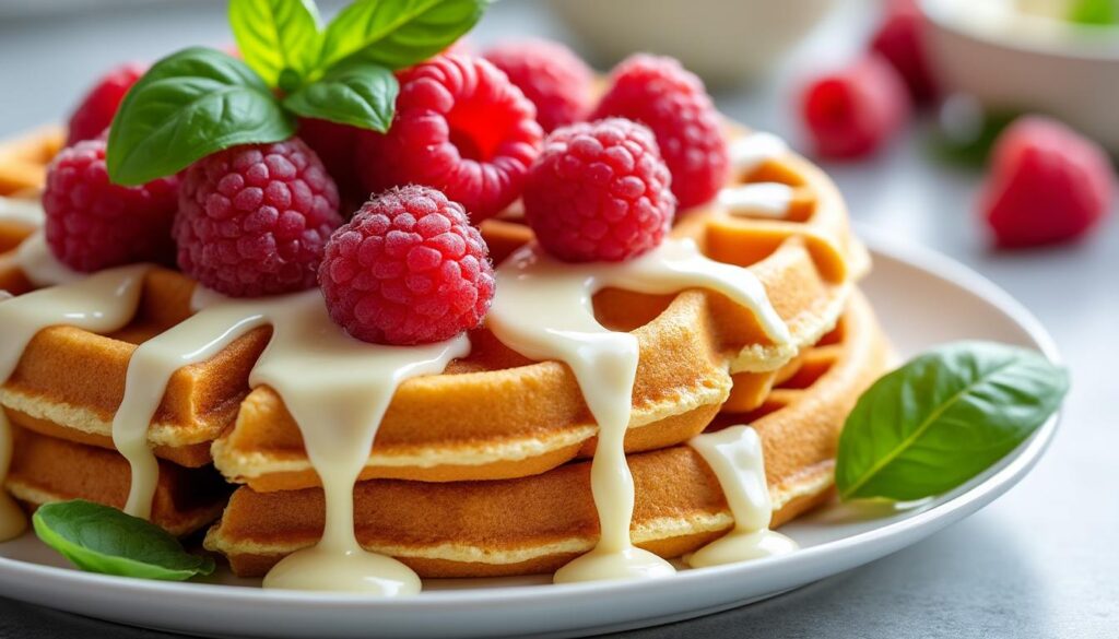 découvrez notre recette facile de gaufres au chocolat blanc, framboises et basilic, pour un dessert gourmand et original à préparer en quelques minutes.