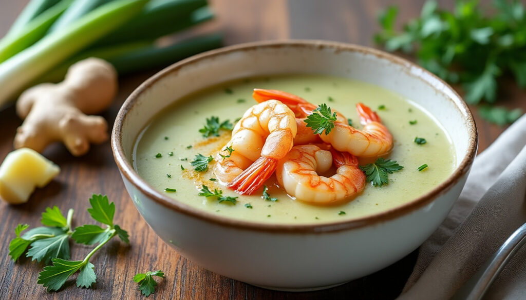 découvrez notre recette facile et rapide de velouté de poireaux accompagné de crevettes sautées au gingembre, une délicieuse soupe savoureuse pour régaler vos papilles.